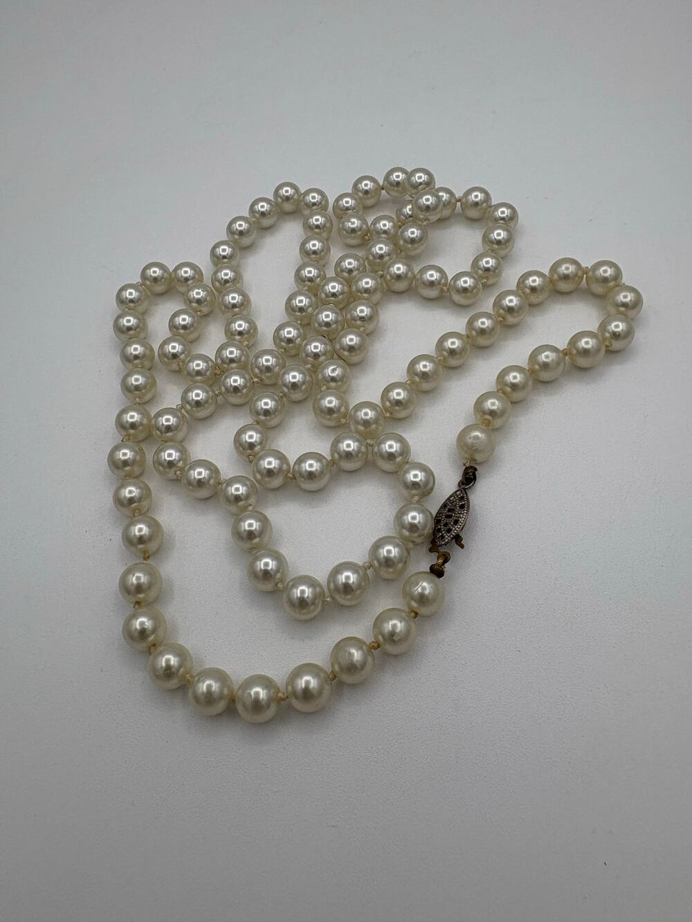 Vintage Knotted Faux Pearls 34” Strand 18” Drop